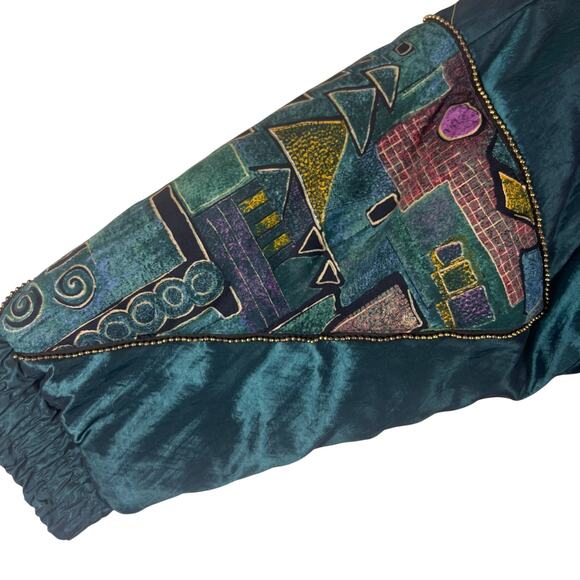 Vintage 90s Velvet Abstract Jacket XL | Teal Green Quilted Art Deco Statement - Picture 8 of 14